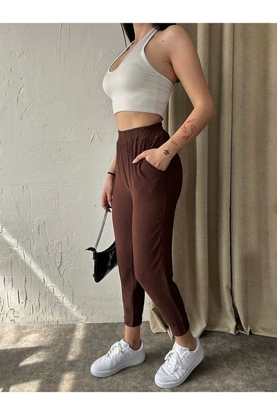Fav Style Pantaloni încrețiți pentru femei, cu talie înaltă, elastic, cu două buzunar, picior strâns, cafea