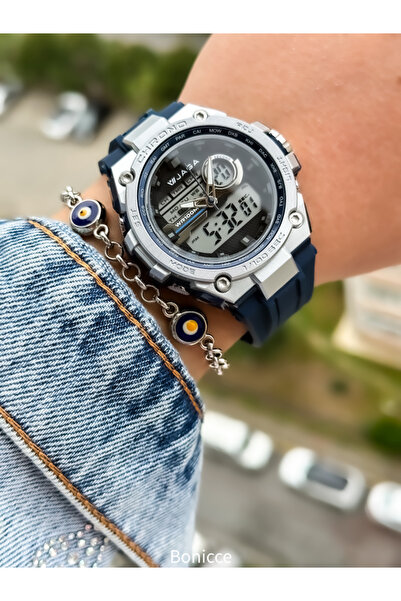 Jaga Navy Blue Silicone Corded Digital Sports Women's Wristwatch and Bracelet Set