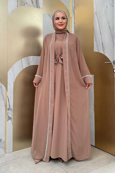 Bym Fashion Σετ φόρεμα Pearl Detailed Abaya 8493 Mink