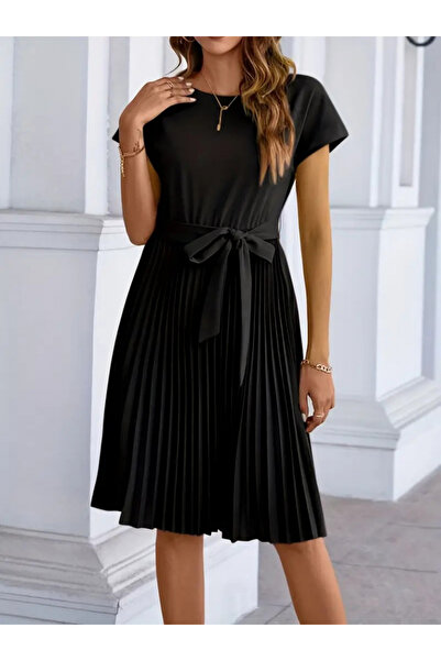 DİMA OFFİCİAL Dámské krepové midi krepové šaty s krátkým rukávem a sukní v pase