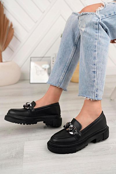 Aymood Pantofi mocasin cu lanț negru cu talpă groasă de damă