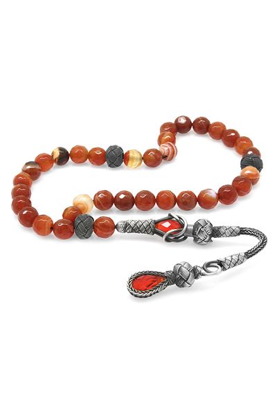 Tesbihane 1000 Sterling Silver Kazaz Tasseled Facetated Globe Cut Red Agate Natural Stone Rosary