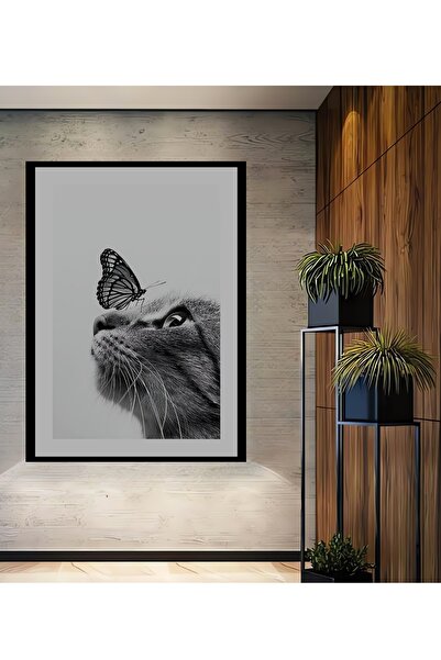 Teona Ahşap Ahşap Modern Dekoratif Kedi ve Burnunun Üstünde Kelebek Poster Ta...