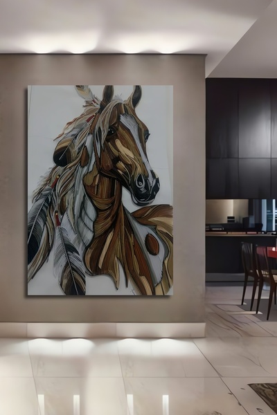 Teona Ahşap Ahşap Soyut Kabartmalı At Silüeti Kare Şeklinde Dekorasyon Tablosu