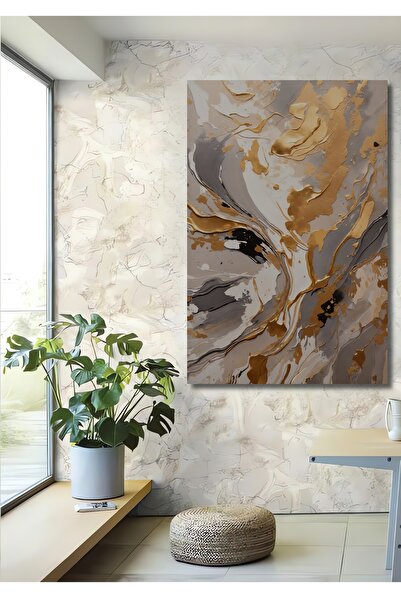 Teona Ahşap Ahşap Soyut Yağlı Boya Görünümlü Altın Beyaz ve Siyah Renkler Duv...