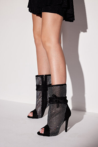 AYAKKABI PRENSİ Honeycomb Taş Detayli Siyah Suet 10 Cm Kadın Klasik Topuklu Ayakkabı Suet