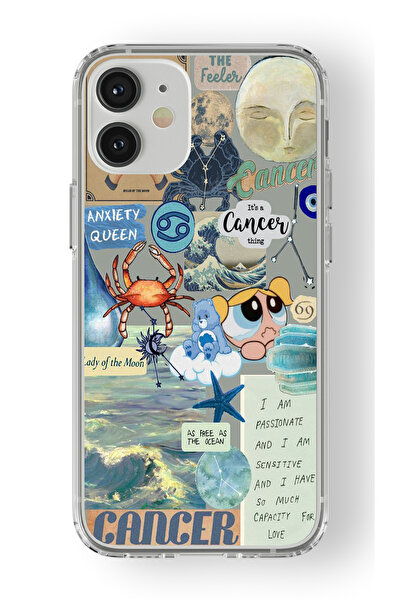 Space Star iPhone 12 Uyumlu Yengeç Burcu Kolaj Tasarım Baskılı Şeffaf Kılıf