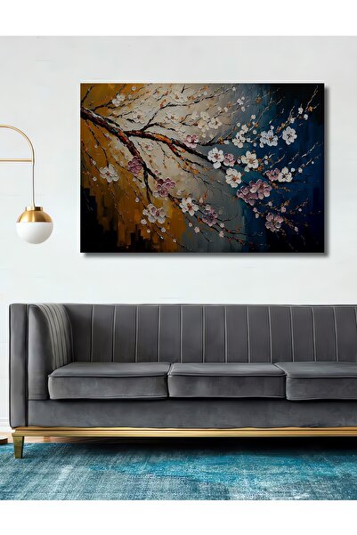 Teona Ahşap Ahşap Yağlı Boya Görünümlü Kabartmalı Kiraz Çiçekleri Çizimi Kare...