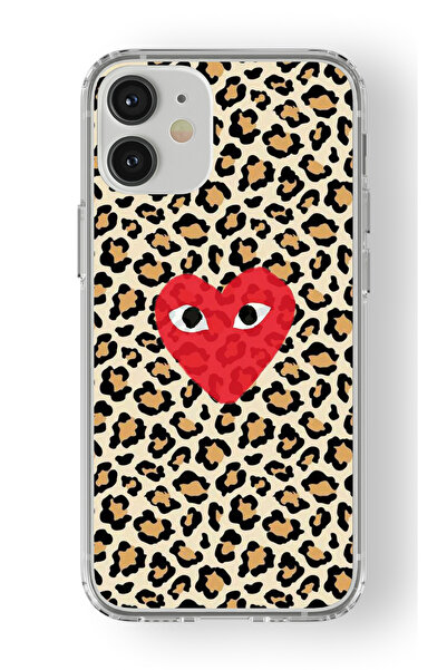 Space Star iPhone 12 Mini Uyumlu Kalp ve Leopar Desenli Tasarım Baskılı Şeffa...