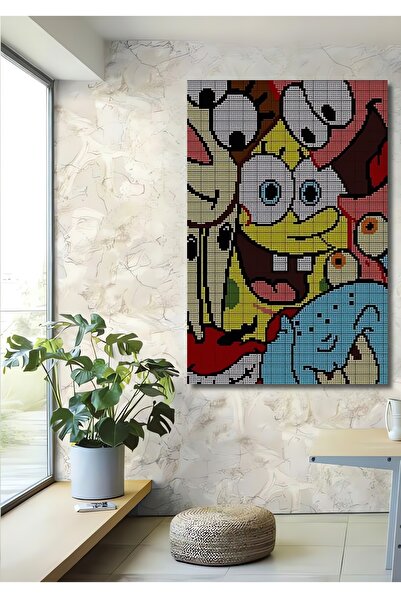 Teona Ahşap Ahşap Dekoratif Sünger Bob ve Arkadaşları Kare Şeklinde Duvar Dek...