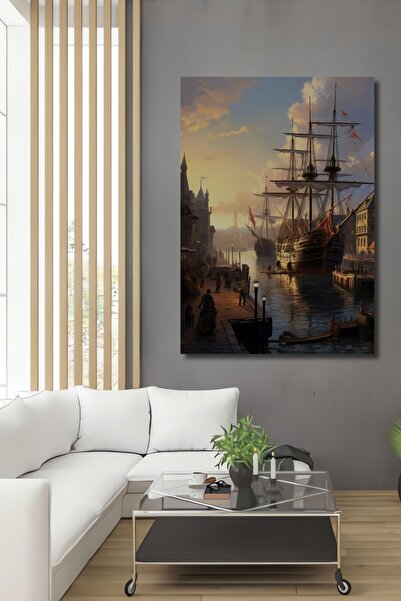 Teona Ahşap Ahşap Modern Dekoratif Soyut İskeledeki Gemi Kare Şeklinde Duvar Dekorasyon Tablosu