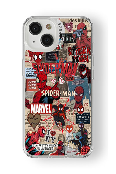 Space Star iPhone 14 Uyumlu Spiderman Kolaj Tasarım Baskılı Şeffaf Kılıf