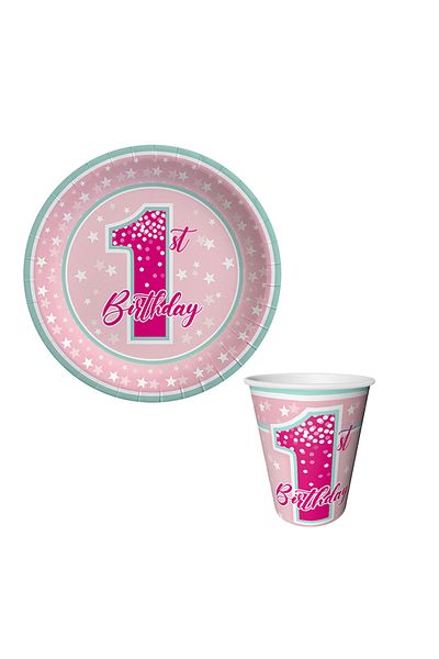 kidspartim 1 Year Old First Birthday Stars Girl Cardboard Plate Glass 8 pcs