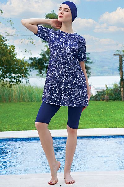 Ruko Maio Navy Blue Patterned Half Sleeve Micro Fabric Semi-Testeur Swimsuit - Quick Drying