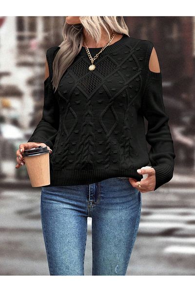 OMKA BUTİK Pulover de damă, cu gât turnut, plasă, împletitură de păr detaliată, cu model, umăr, tricotaj negru