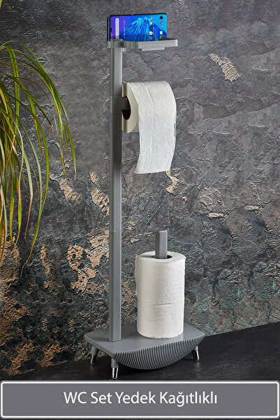 LUCKYHOMES Fırçalı Tuvalet Kağıdı Standı Organizer WC Standı Gri