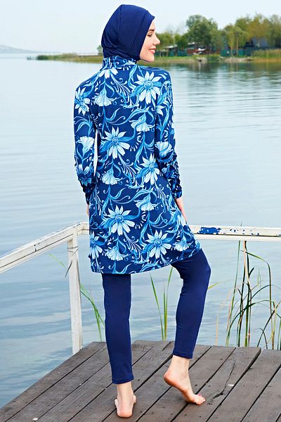 Ruko Maio Mıratès Navy Blue Floral Patterned Micro Fabric Hijab Swimsuit