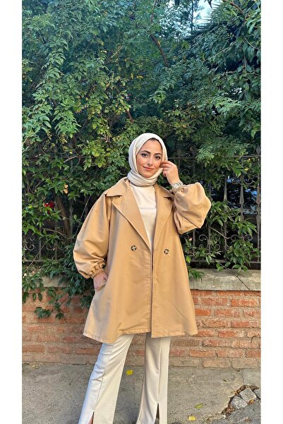 ensade Balloon Sleeve Midi Length Woven Summer Trench Coat