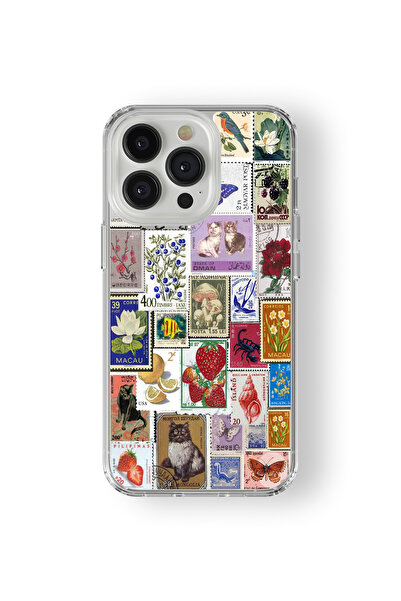 Space Star iPhone 14 Pro Uyumlu Stamp Kolaj Tasarım Baskılı Şeffaf Kılıf