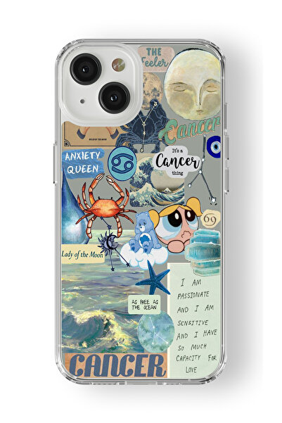 Space Star iPhone 13 Uyumlu Yengeç Burcu Kolaj Tasarım Baskılı Şeffaf Kılıf