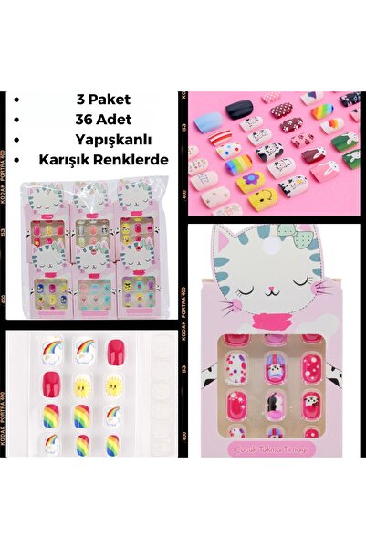 Tilda BSC. & Home 3 Paket (12'li) Kendinden Yapışkanlı Kız Çocuk Karışık Renk Takma Tırnak