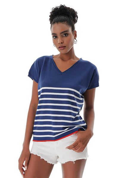 CHUBA Women's V-Neck Striped Comfortable Form Marin Short Sleeve Thin Knitwear T-shirt Navy-white 23s1009