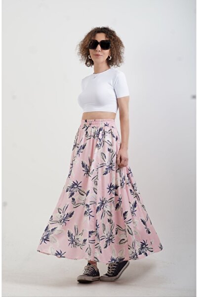 Zelish My Sister Pembe Çiçek Desenli Beli Lastikli Uzun Etek