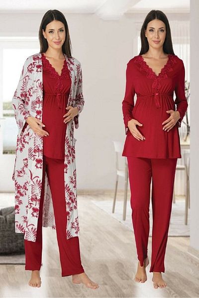 by İGP Cherry Cotton Long Sleeve Pajamas Set for Pregnant and Maternity - Four Seasons Dressing Gowns Set of 3