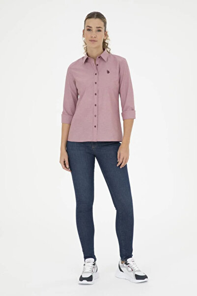 U.S. Polo Assn. قميص نسائي بأكمام طويلة مخطط باللون العنابي - نمط نيرين