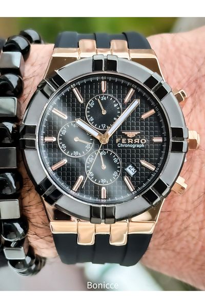 FERRO Brand Black Color, Silicone Cord, Sports Men's Wristwatch Bracelet with Active Calendar Functions