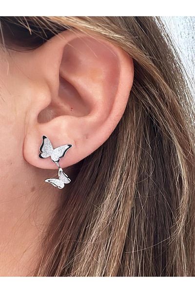 Quella Takı STEEL Double Butterfly Glitter Silver Earrings