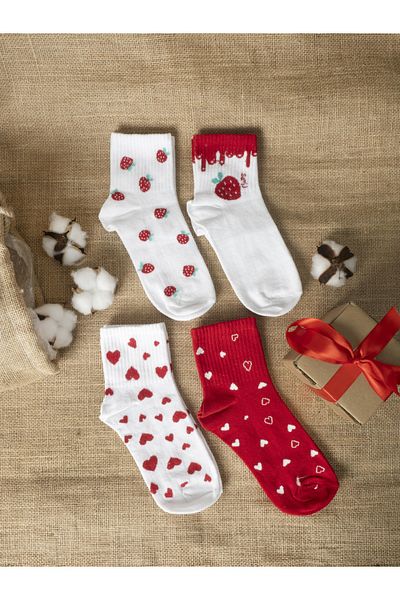 Mudizone 4 Pairs of College Strawberry Patterned Women's Socks