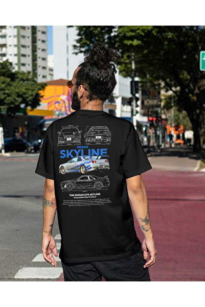 Belekoma Υπερμεγέθη 100% βαμβακερό μπλουζάκι NİSSAN SKYLINE πίσω εμπριμέ ύφασ...