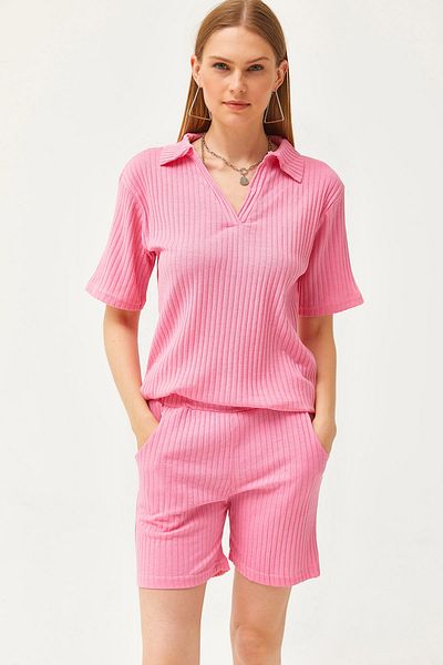 Olalook Women's Candy Pink Polo Collar Top Pocket Shorts Ribbed Suit TKM-19000197