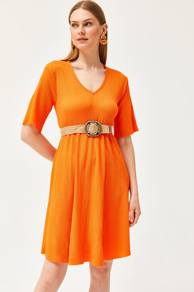 Olalook Women's Orange V-Neck Elastic Waist Mini Dress ELB-19002137