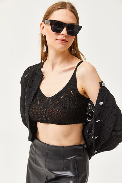 Olalook Women's Black Inner Bustier Top Openwork Cardigan Knitwear Set TKM-19000287