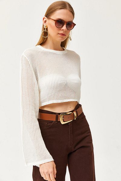 Olalook Women's Ecru Stripe Openwork Spanish Sleeve Knitwear Blouse BLZ-19002609