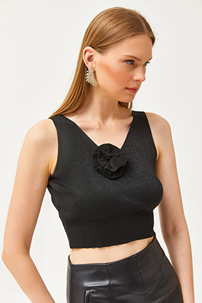 Olalook Women's Black Rose Detailed Double Breasted Crop Glitter Knitwear Blouse BLZ-19002606