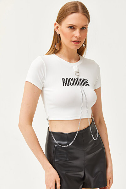 Olalook Bluză Crop Otomană Accesorie Albă Damă BLZ-19002603