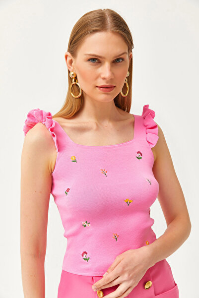 Olalook Γυναικεία μπλούζα με ροζ μανίκια με λεπτές πλεκτές κέντημα BLZ-19002607