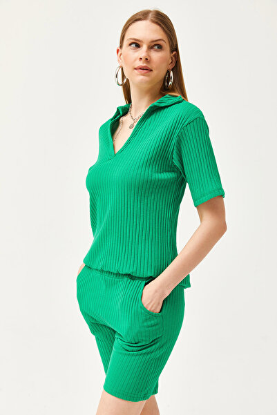 Olalook Women's Grass Green Polo Collar Top Pocket Shorts Ribbed Suit TKM-19000197