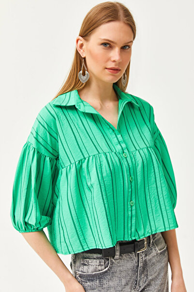 Olalook Γυναικείο πουκάμισο με πράσινο ριγέ έξι κομμάτια GML-19001198