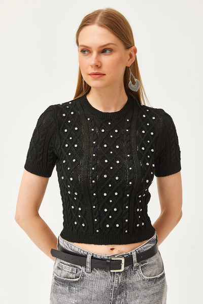 Olalook Kadın Siyah Bisiklet Yaka Taş Detaylı Frize Triko Bluz BLZ-19002620