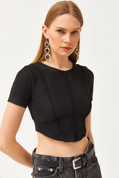 Olalook Γυναικεία Black Crew Neck Piece Crop Ottoman Μπλούζα BLZ-19002610