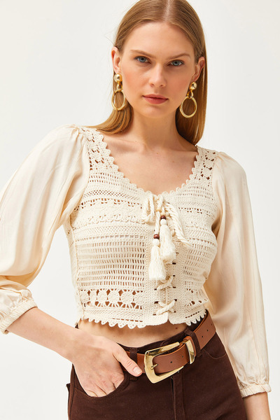 Olalook Women's Stone Crochet Braided Sleeves Balloon Crop Blouse BLZ-19002611