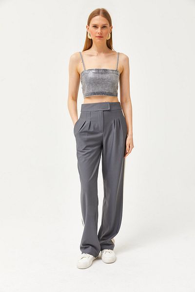 Olalook Women's Smoked Pocketed Pleated Side Striped Palazzo Trousers PNT-19000275