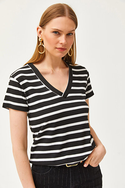 Olalook Schwarze Camisole-Bluse mit tiefem V-Ausschnitt und Streifen für Damen BLZ-19002616