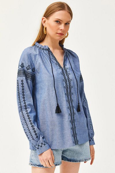 Olalook Bluză largi, albastră, cu șireturi, brodate cu aspect denim BLZ-19002613