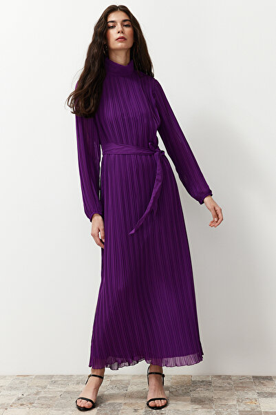 Trendyol Modest Rochie din șifon cu căptușeală țesută plisată violet TCTSS24DB00040