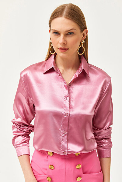 Olalook Women's Candy Pink Shiny Satin Surface Woven Shirt GML-19001195